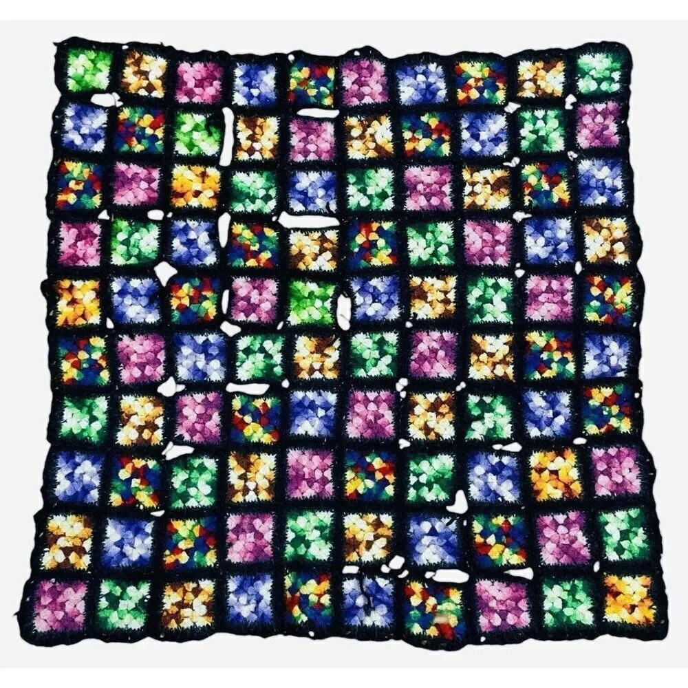 Vintage Handmade Crochet Colorful Granny Square Afghan Throw 35 x 34 Couch Sofa